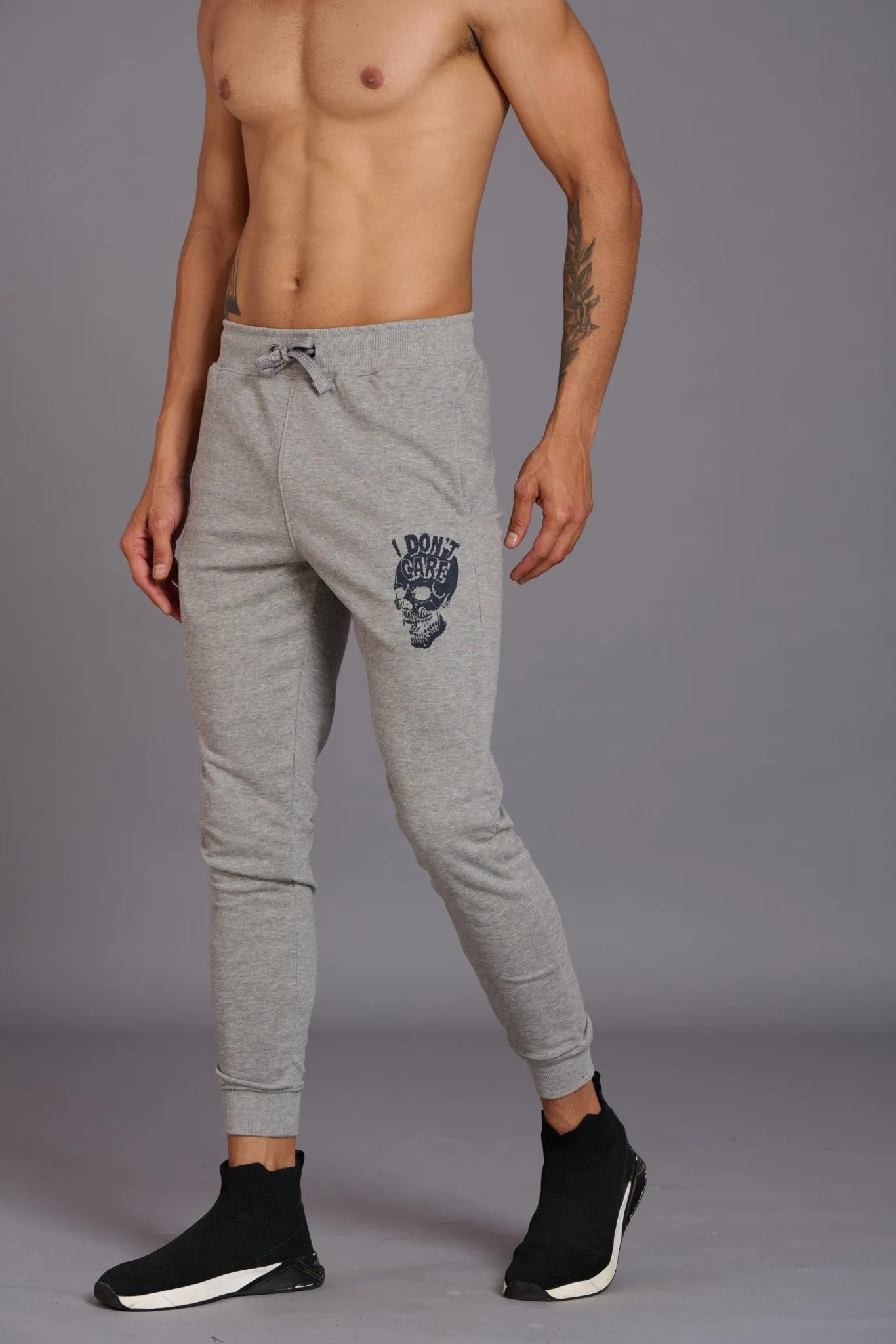 Skull & I Don’t Care Printed Grey Joggers for Men