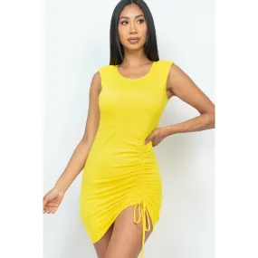 Yellow Short Dress with No Sleeves and Shoulder Pads