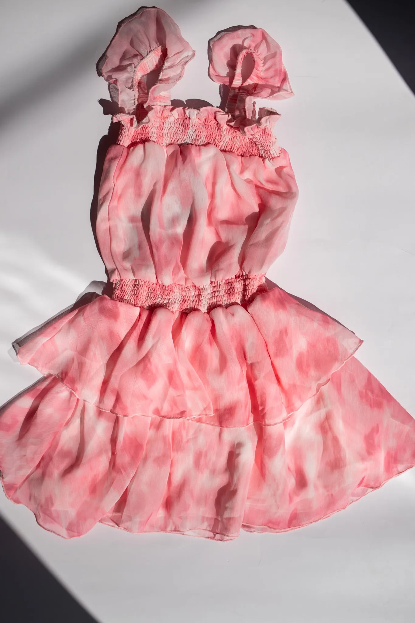 Smocked Waist Chiffon Dress with Ruffle Straps | Pink Tie Dye