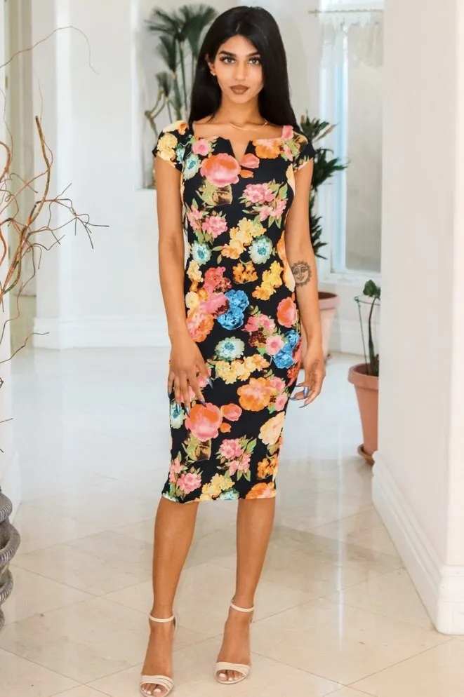 Spring Has Sprung Off The Shoulder Floral Print Body-con Midi Dress Black