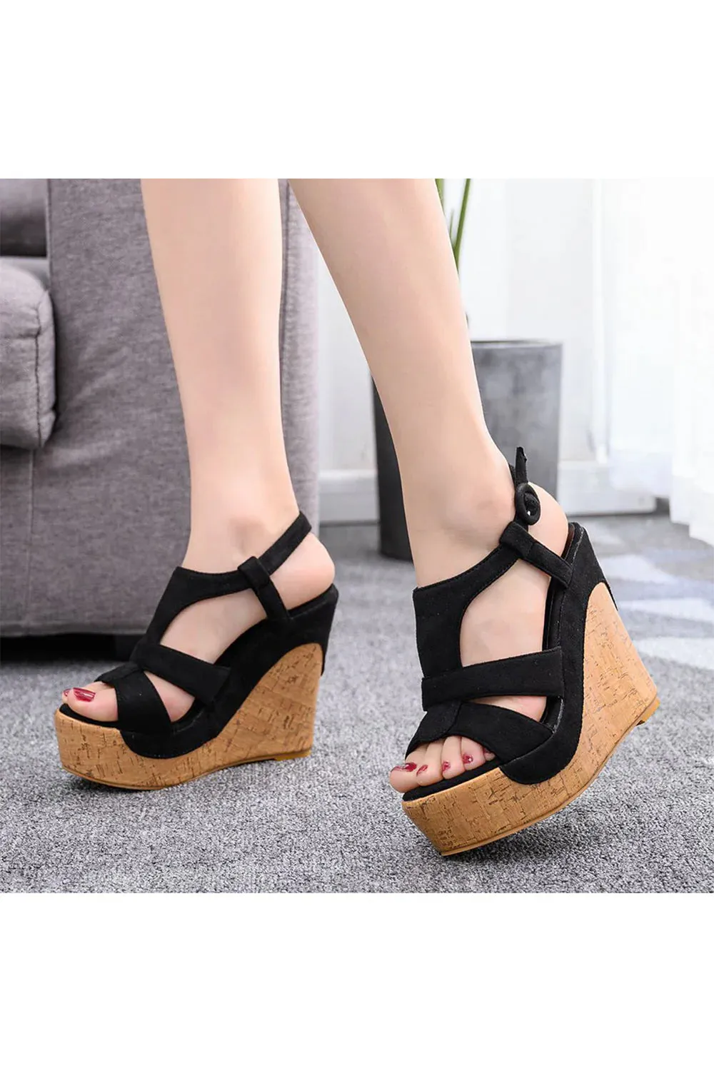 Suede Wood Grain Peep Toe Platform Wedges Sandals