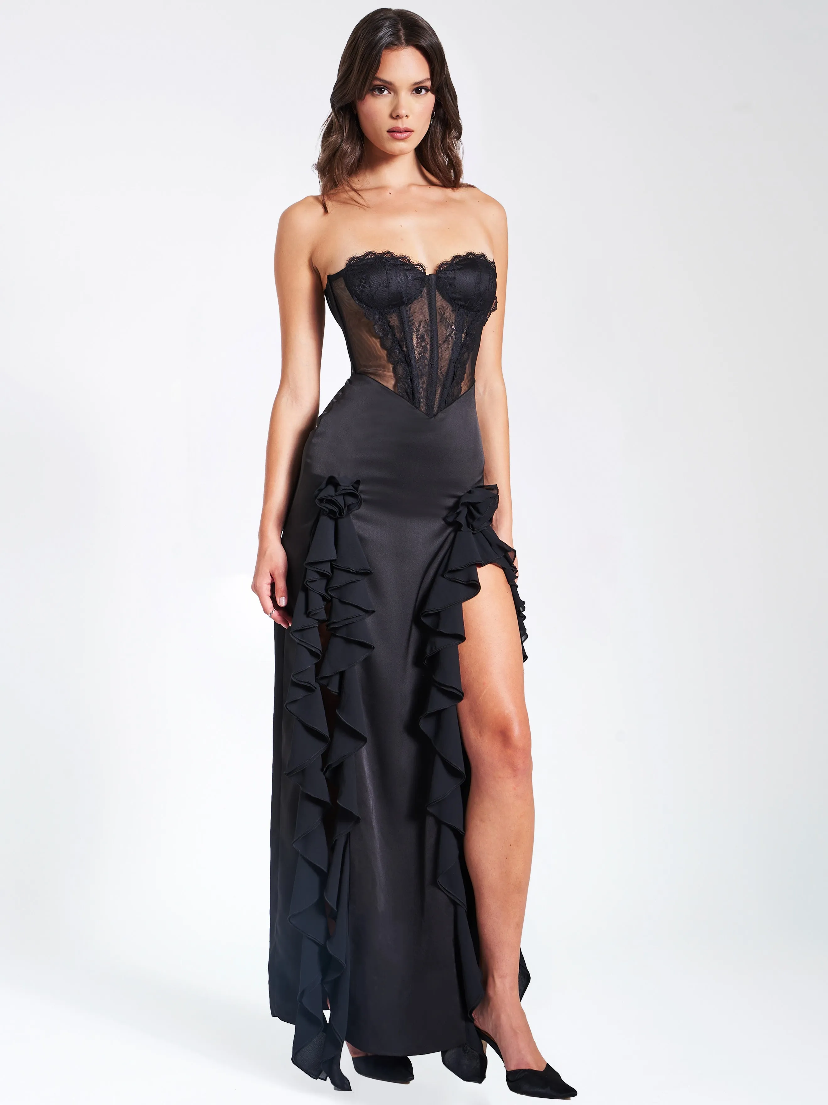 Talia Black Satin Lace Corset Maxi Dress