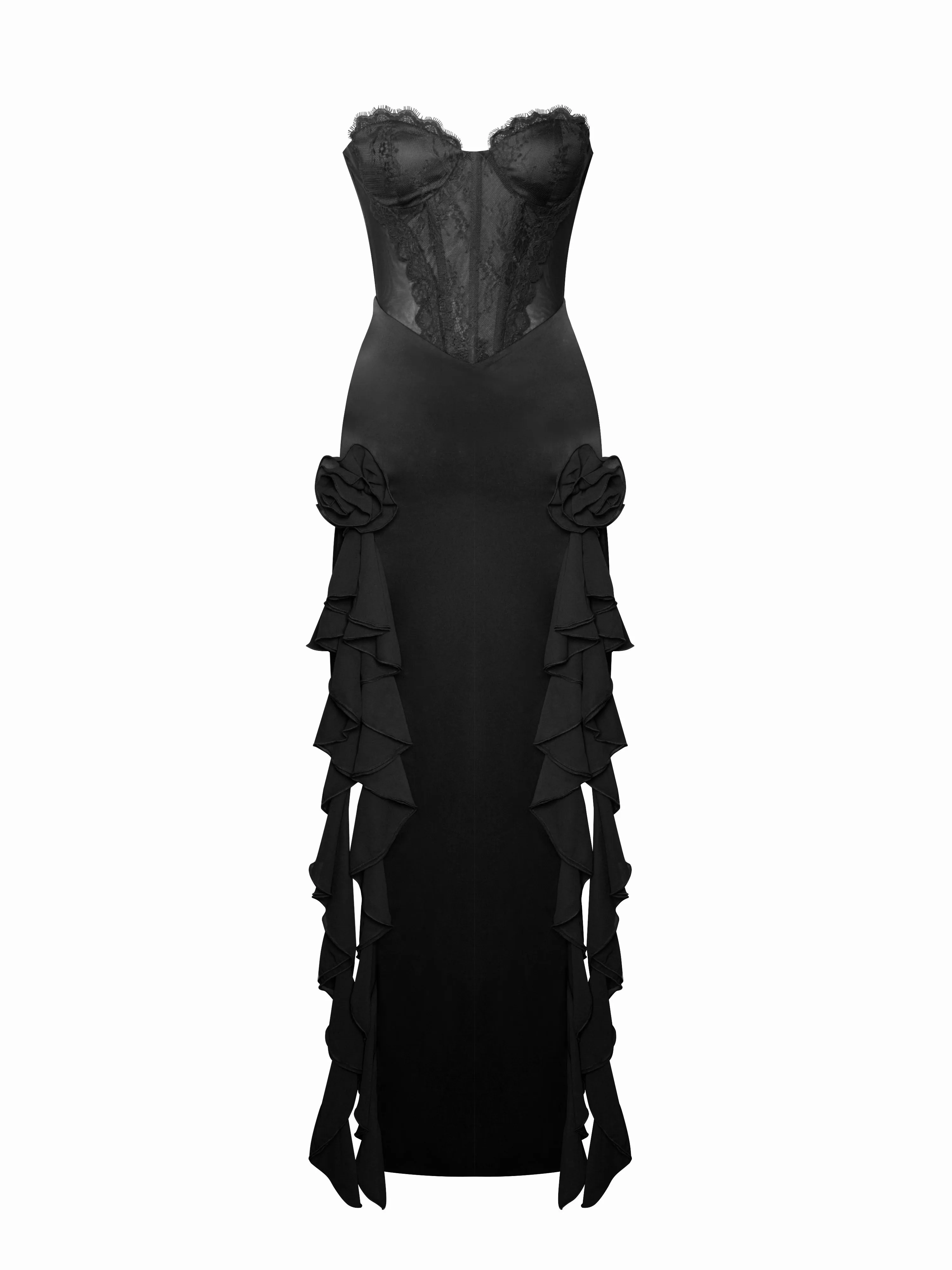 Talia Black Satin Lace Corset Maxi Dress