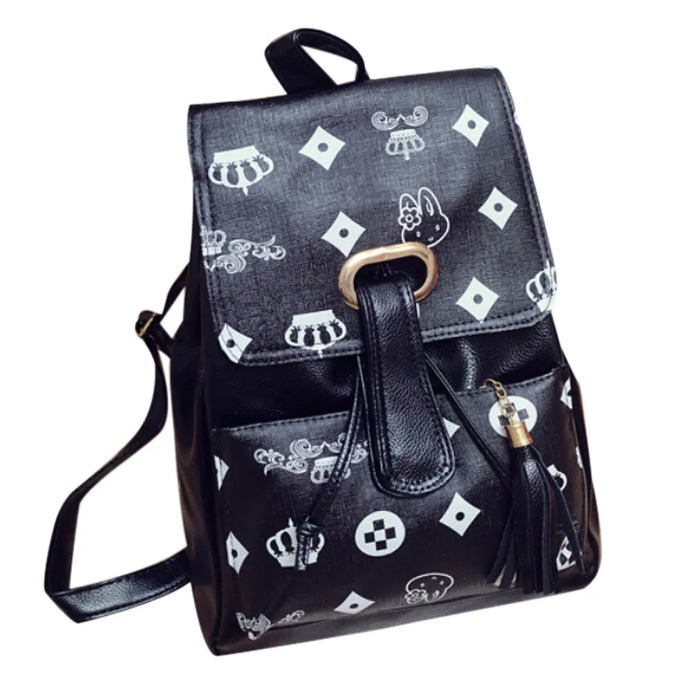 Teenage School Backpack: Faux Leather Laptop Bag with Korean Print Design, Travel Rucksack for Girls.