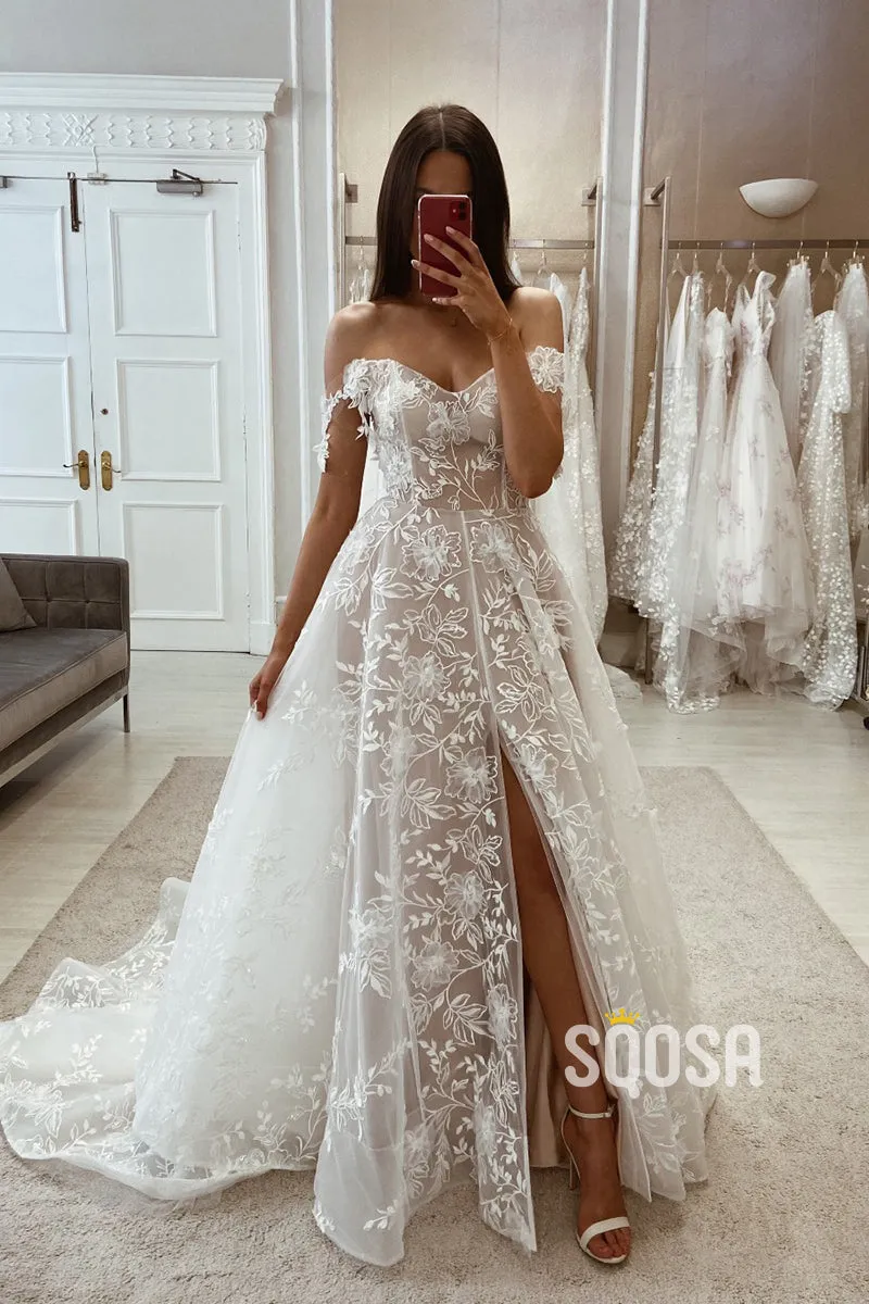 Tulle Off-Shoulder Lace Applique Side Slit Wedding Dress