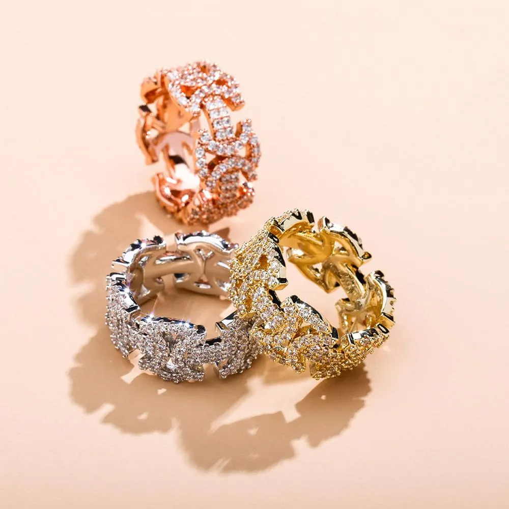 Golden Butterfly Rings with Iced Cubic Zirconia for Unisex Hip-hop Fashion.