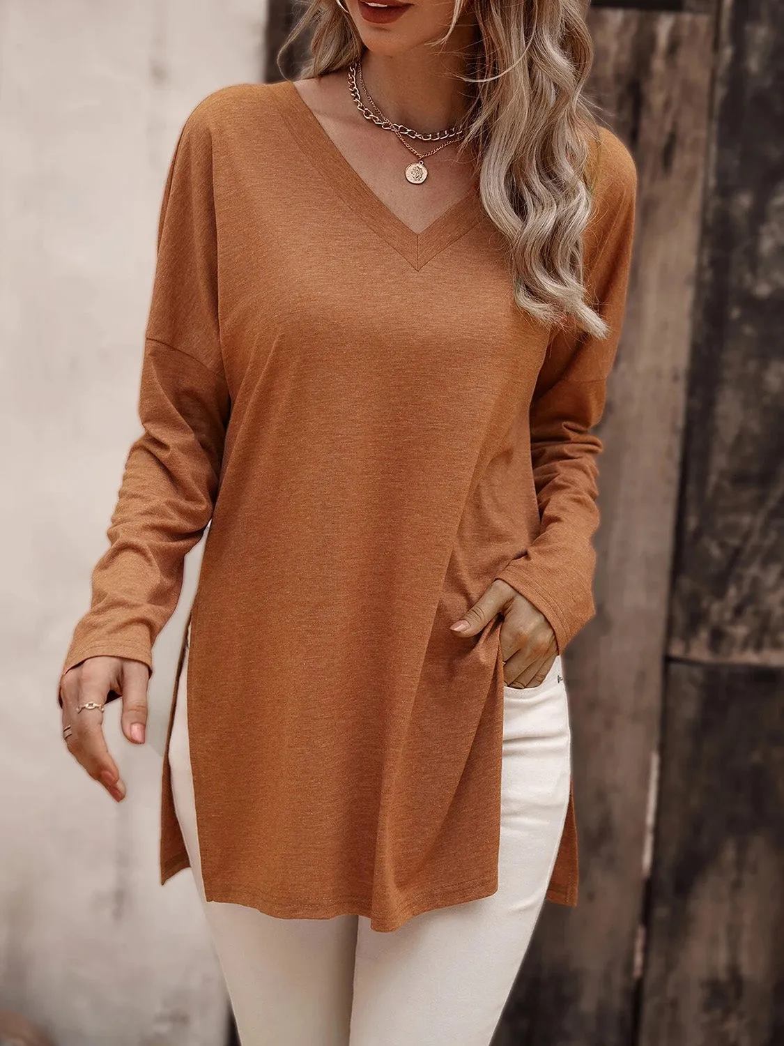 Long Sleeve V-Neck Top with Slit