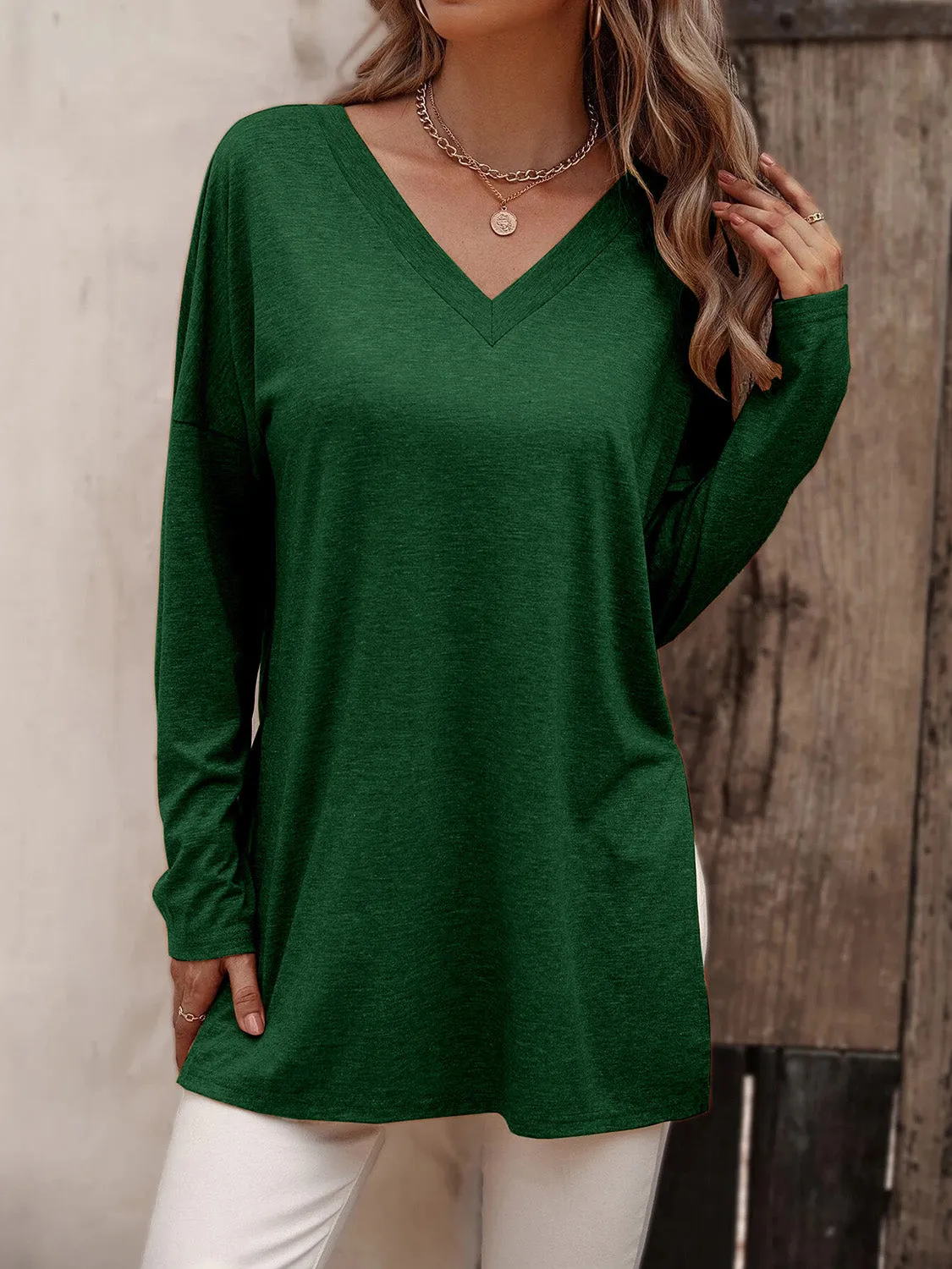 Long Sleeve V-Neck Top with Slit