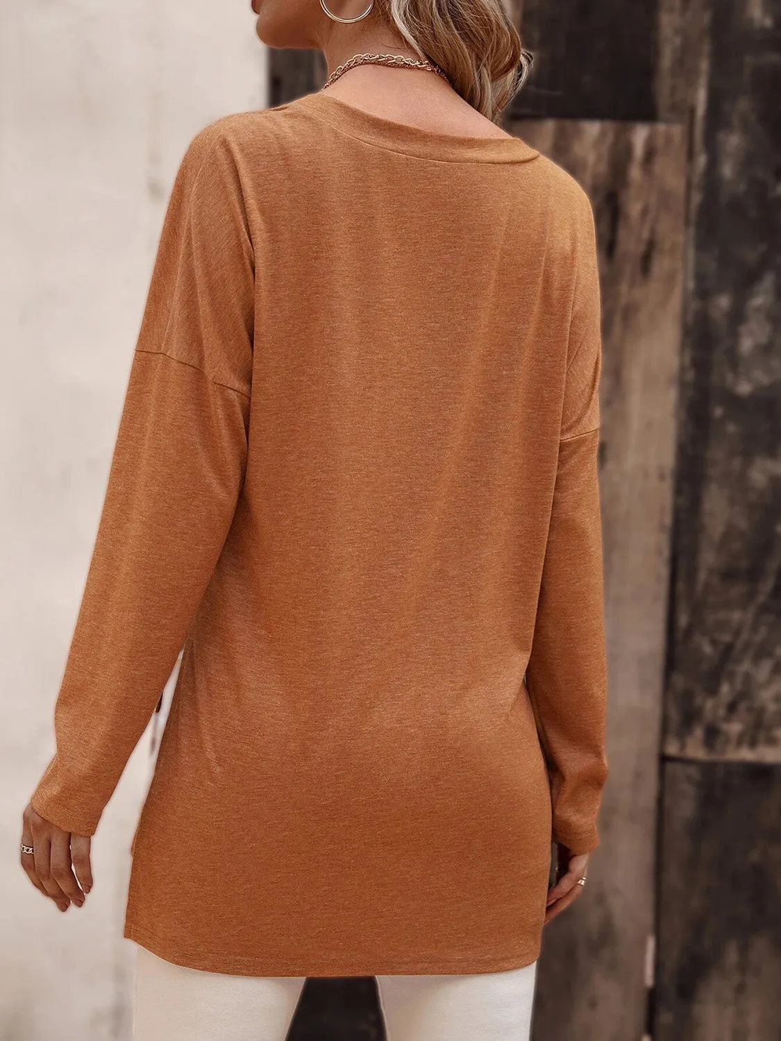 Long Sleeve V-Neck Top with Slit