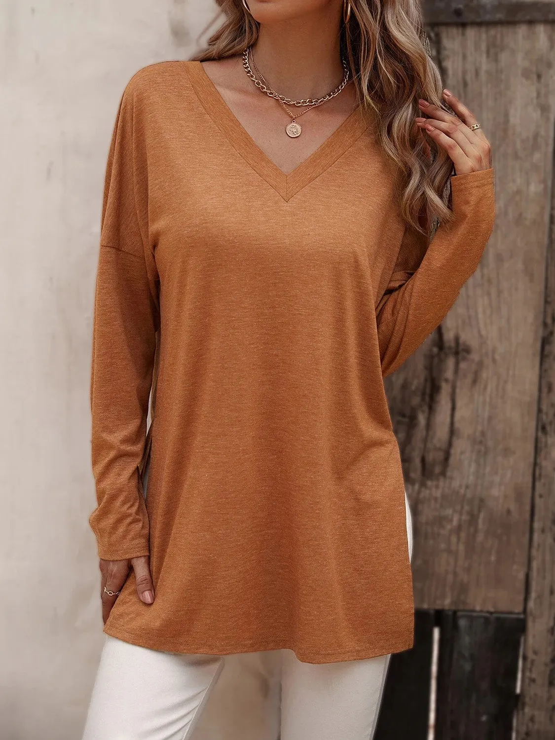 Long Sleeve V-Neck Top with Slit