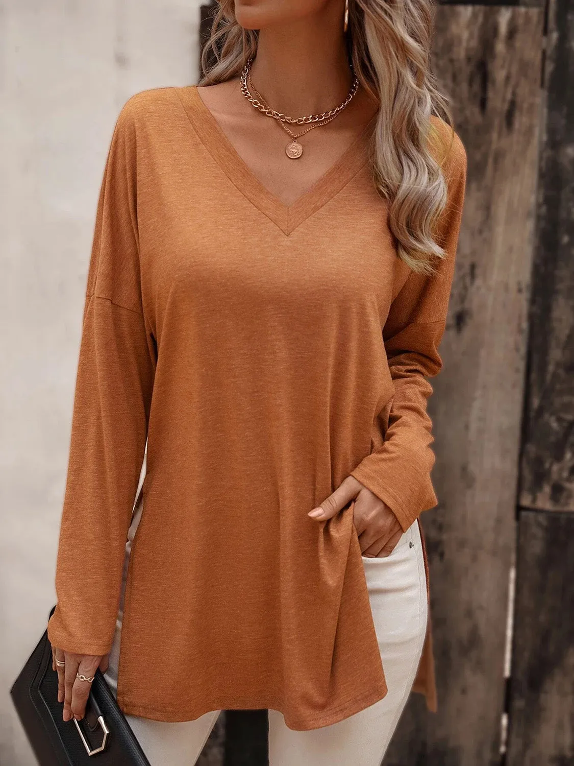 Long Sleeve V-Neck Top with Slit