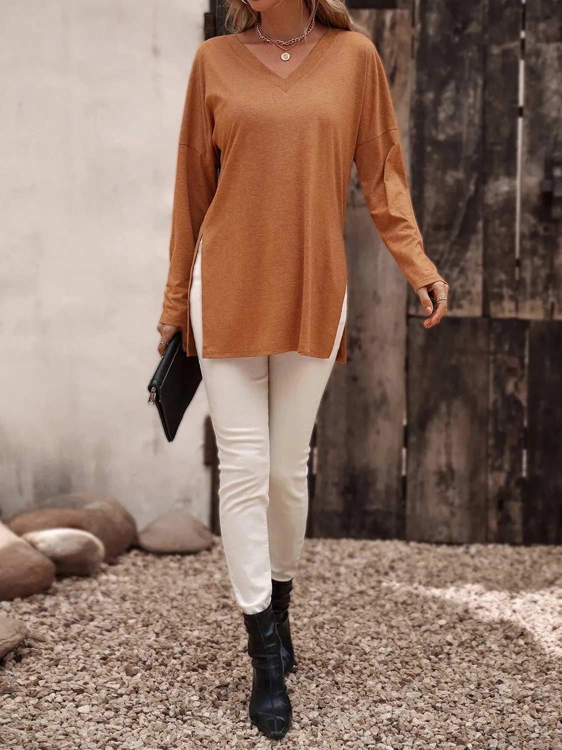 Long Sleeve V-Neck Top with Slit