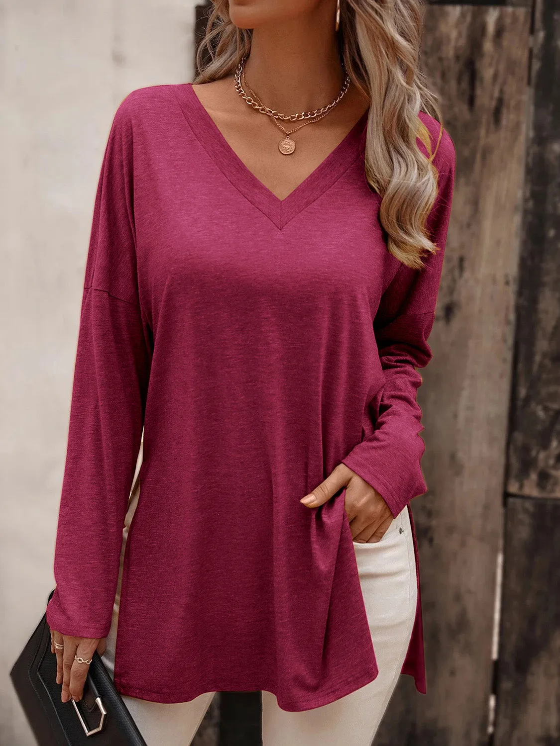 Long Sleeve V-Neck Top with Slit