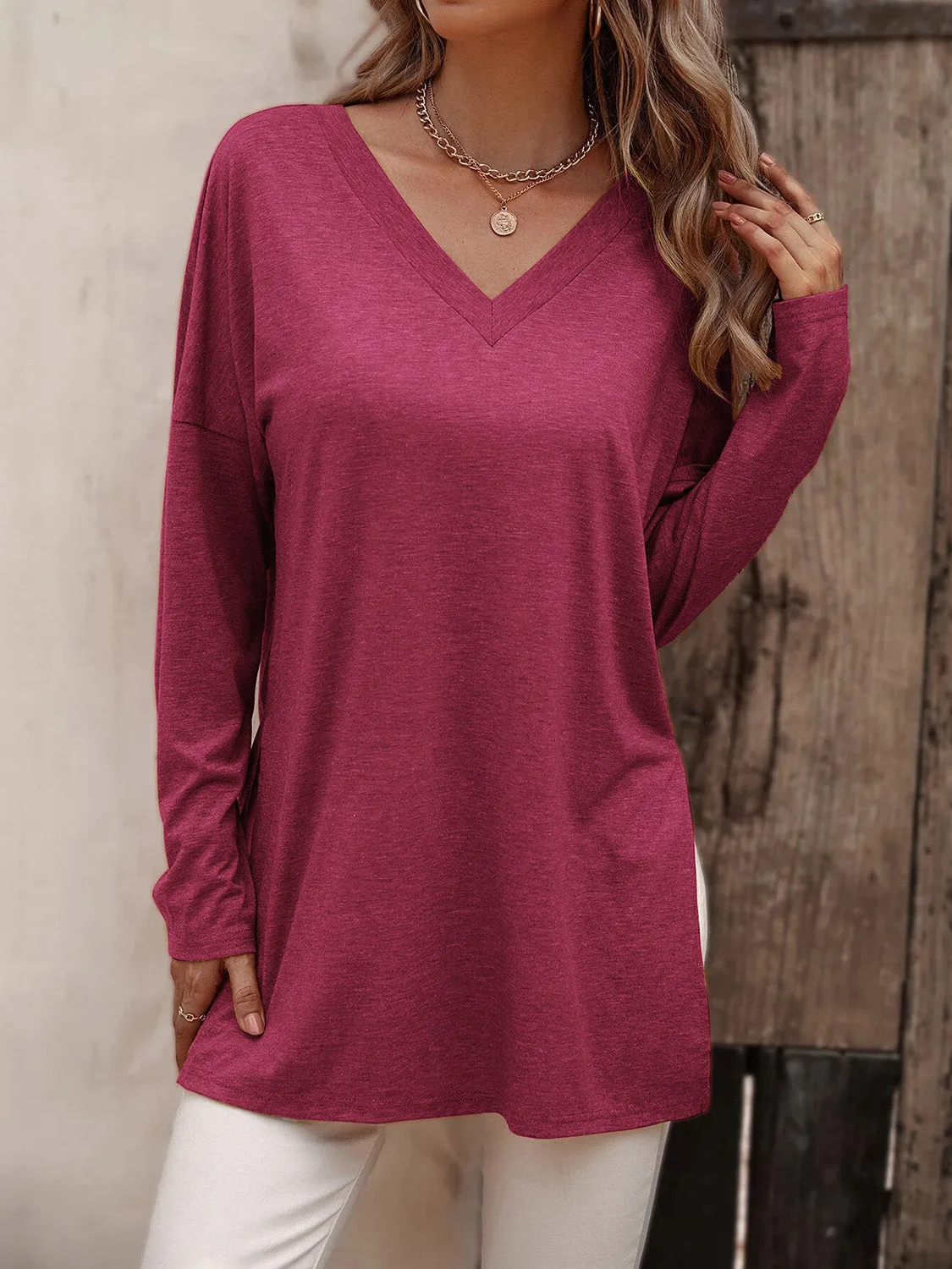 Long Sleeve V-Neck Top with Slit