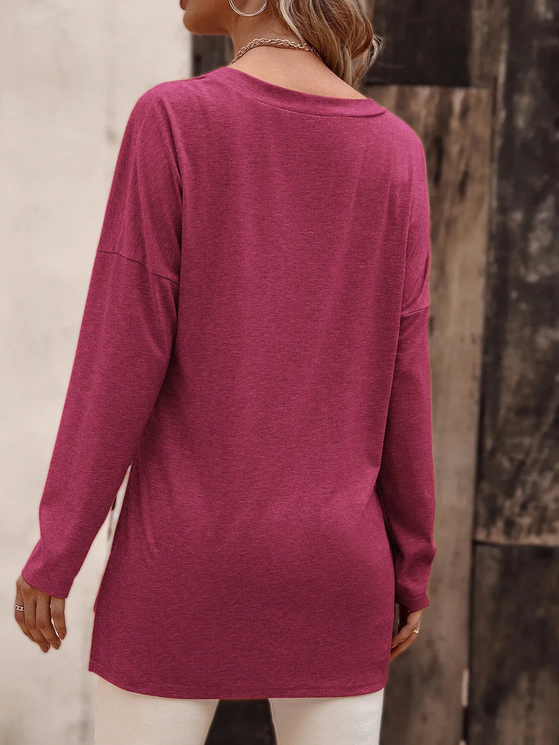 Long Sleeve V-Neck Top with Slit