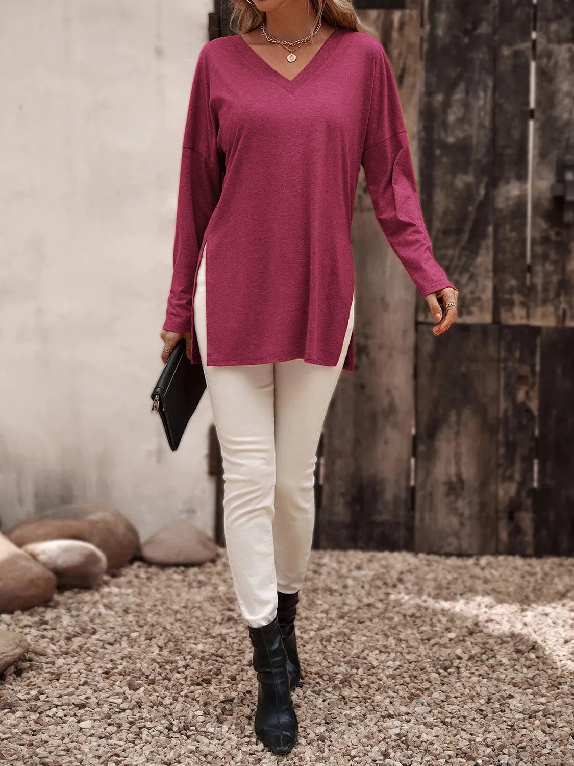 Long Sleeve V-Neck Top with Slit