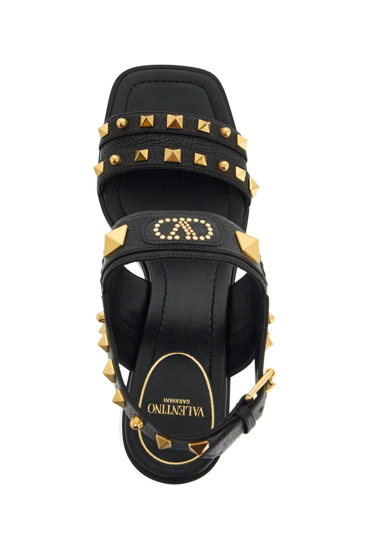 Valentino Garavani Black Buffalo Leather Sandals With Golden Studs And Square Heel