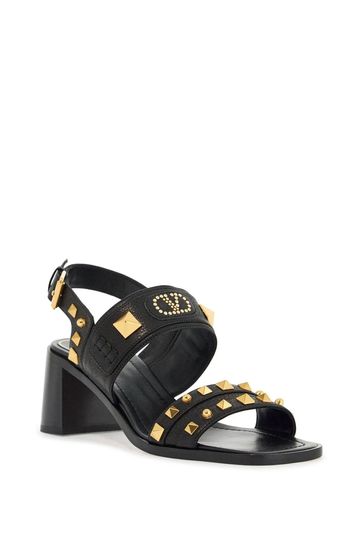 Valentino Garavani Black Buffalo Leather Sandals With Golden Studs And Square Heel