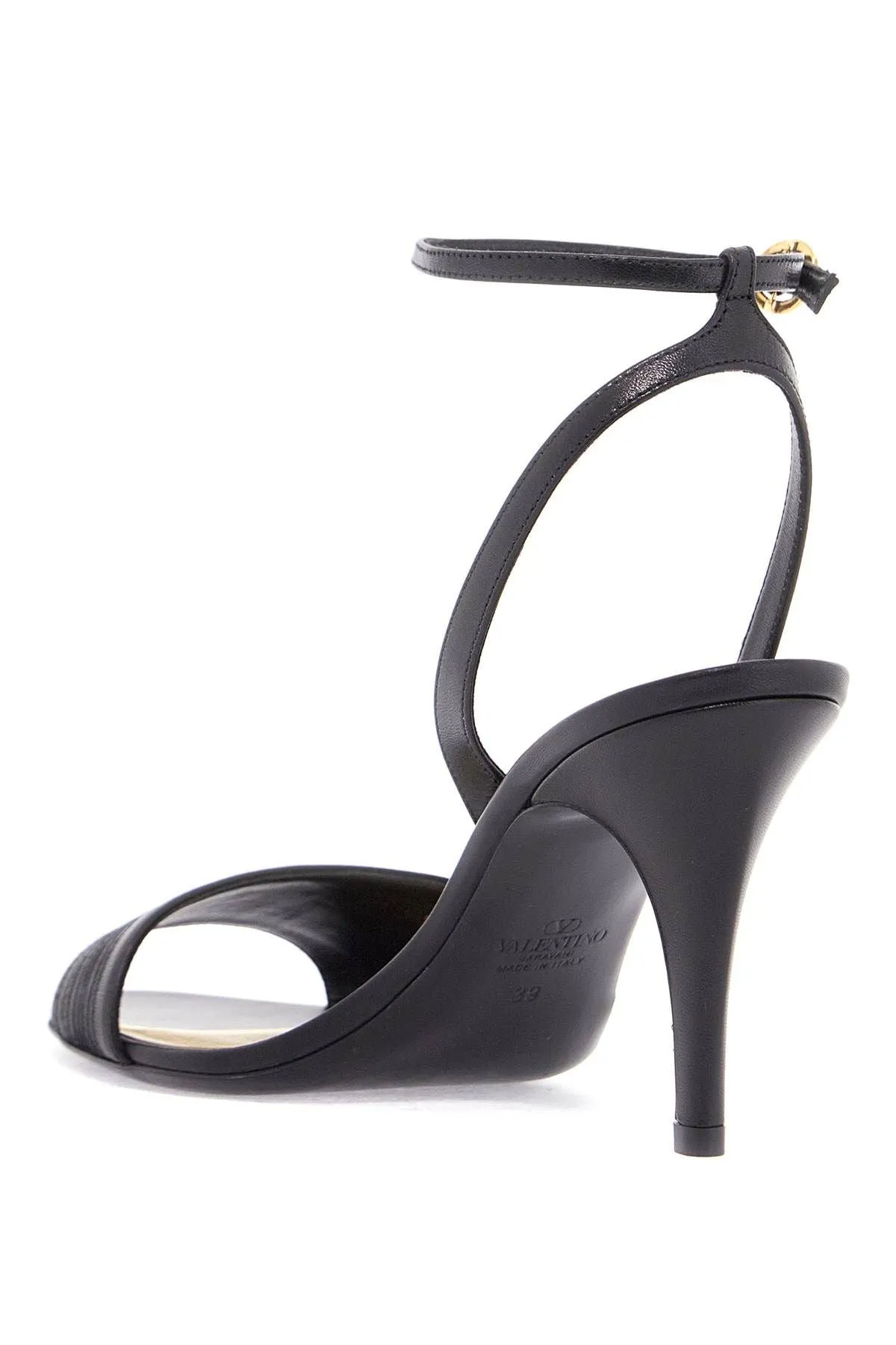 Valentino Garavani Black Goat Leather Sandals With Gold Buckle And Stiletto Heel