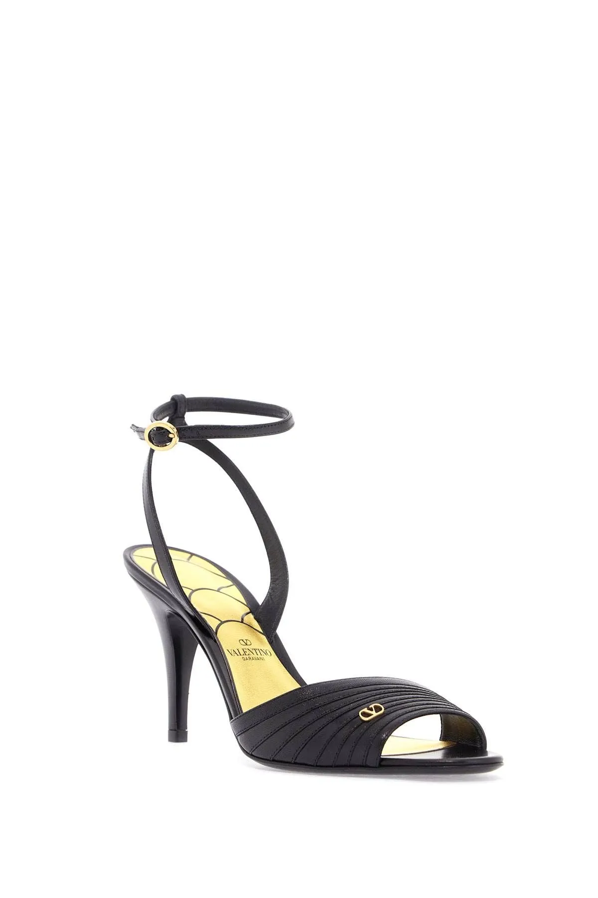 Valentino Garavani Black Goat Leather Sandals With Gold Buckle And Stiletto Heel