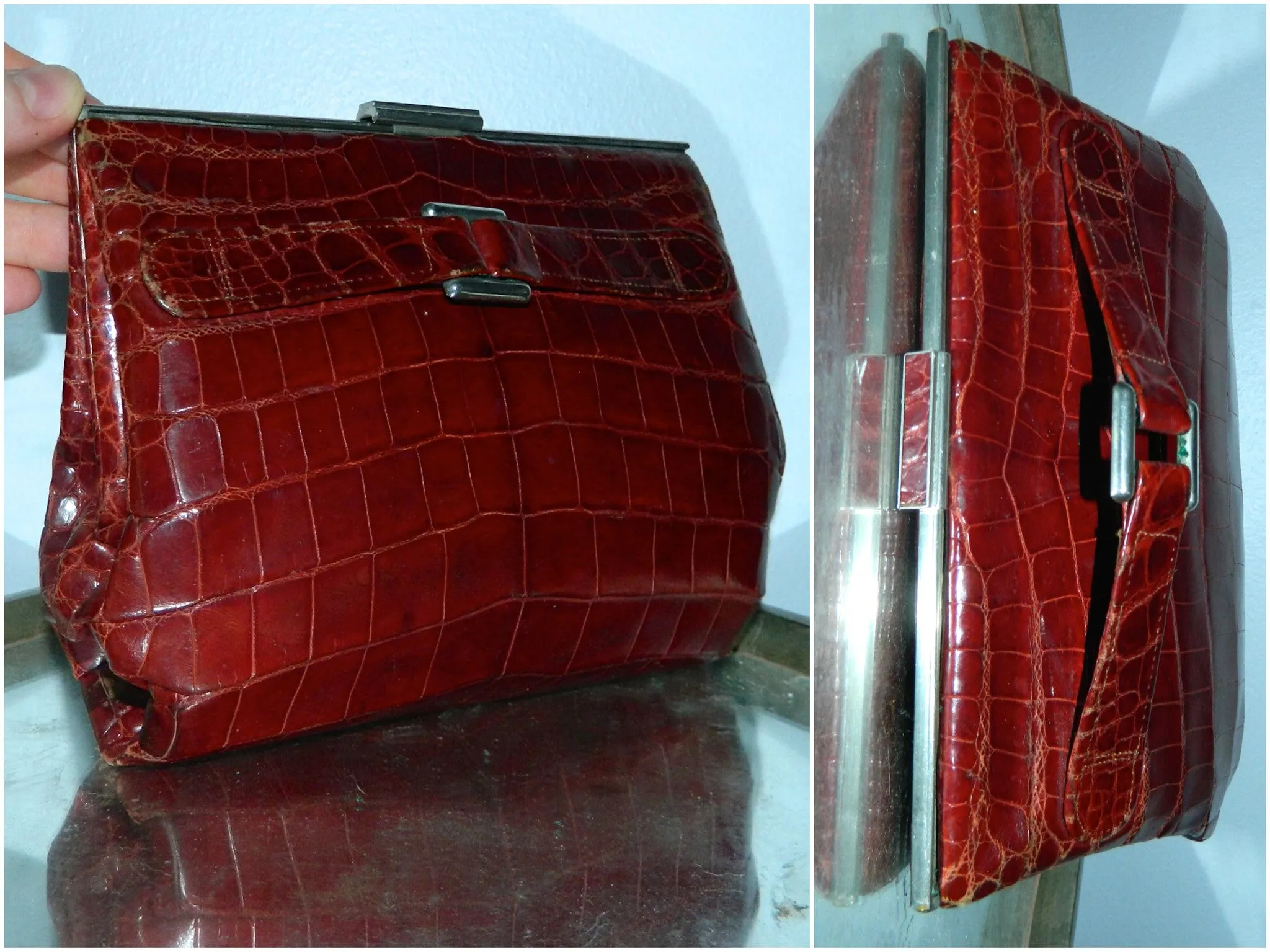 vintage 1930s Lederer alligator clutch bag bordeaux Slide frame clasp reptile lining