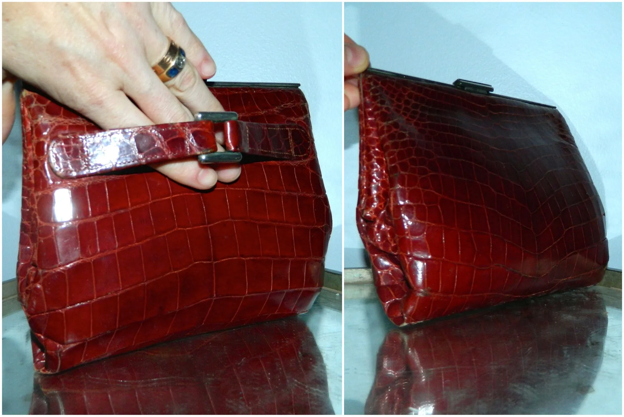 vintage 1930s Lederer alligator clutch bag bordeaux Slide frame clasp reptile lining