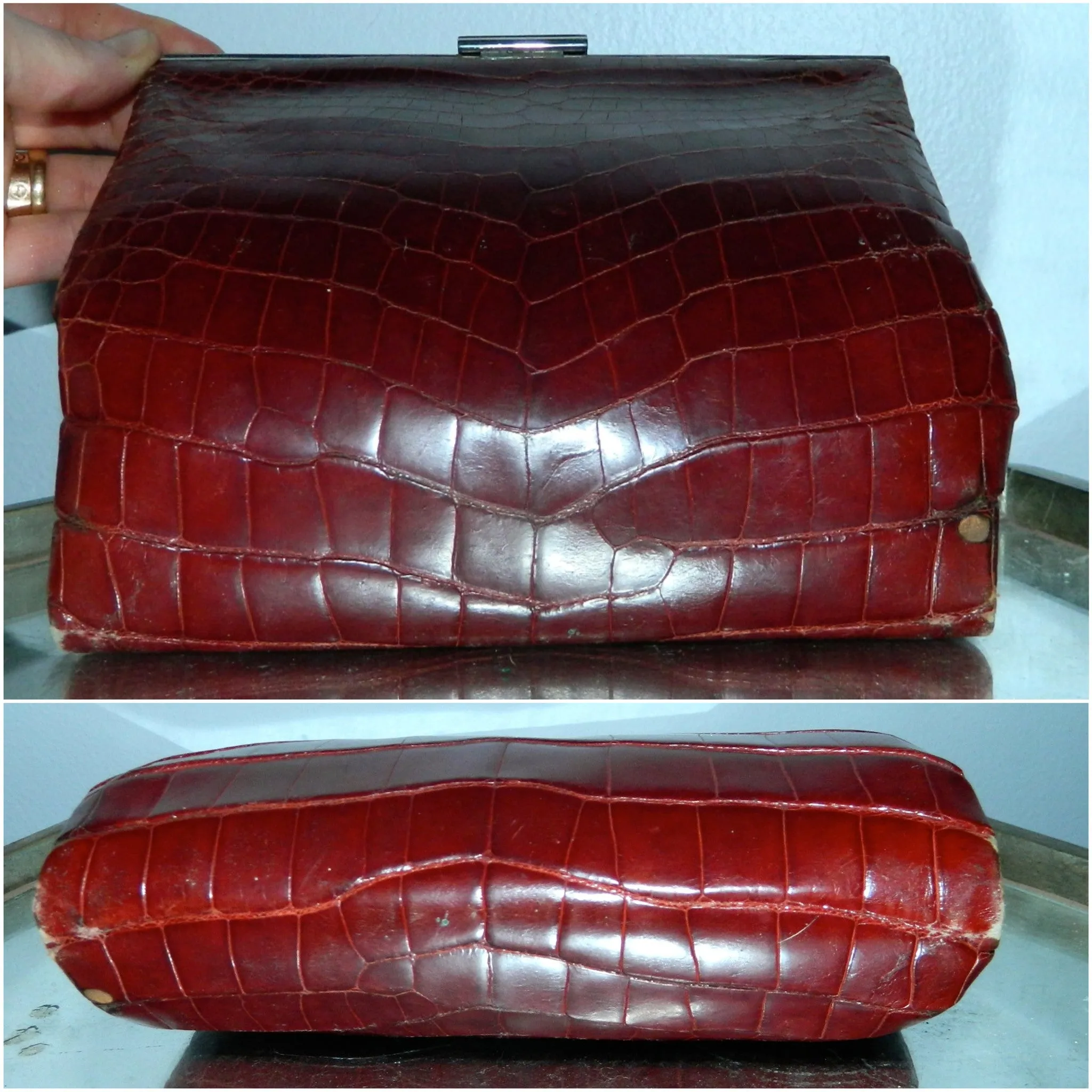 vintage 1930s Lederer alligator clutch bag bordeaux Slide frame clasp reptile lining