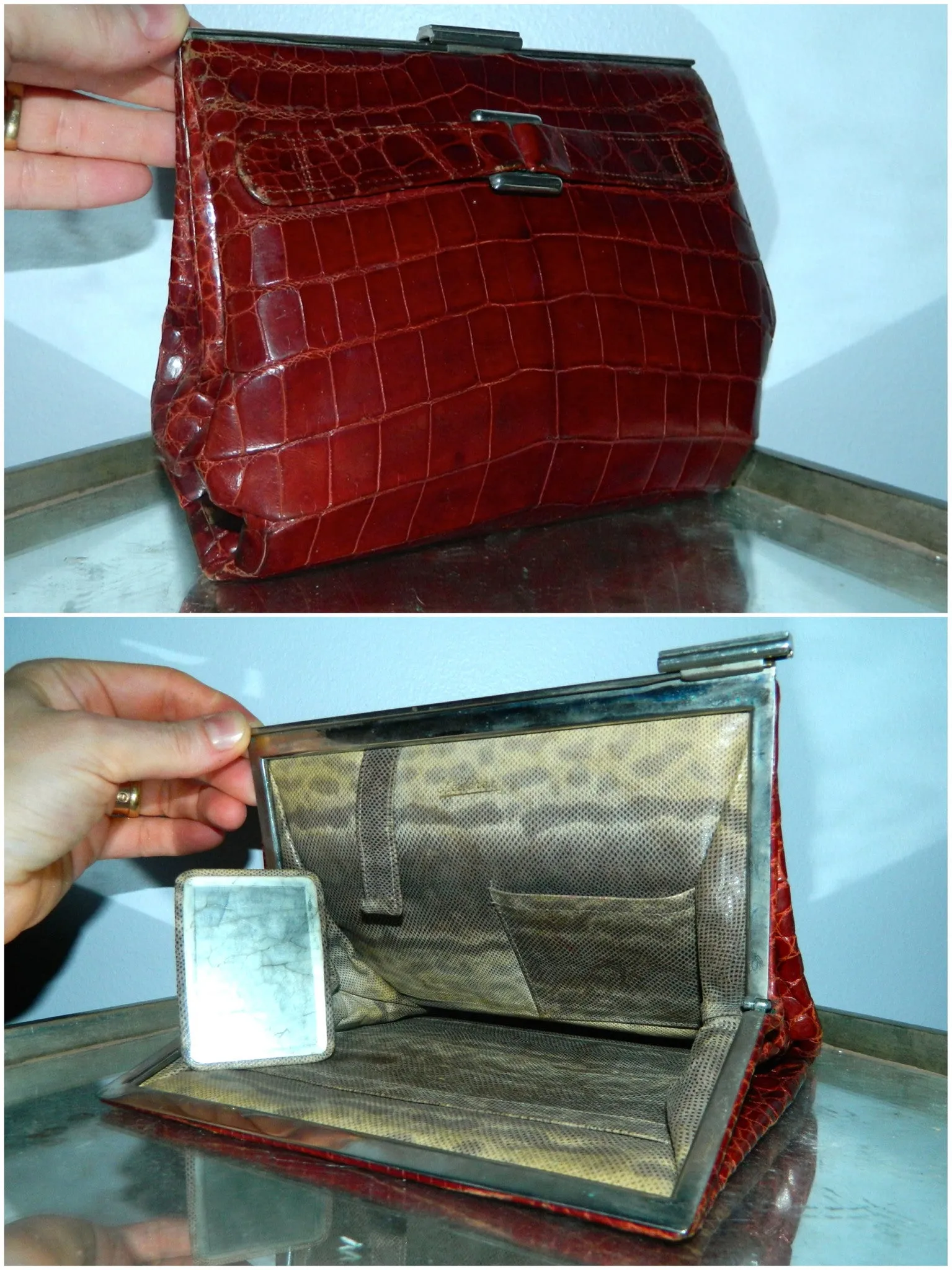 vintage 1930s Lederer alligator clutch bag bordeaux Slide frame clasp reptile lining