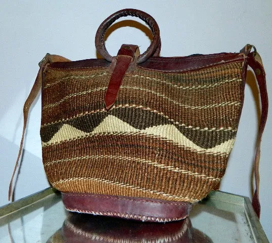 vintage 1970s woven seagrass bag / Kilim weave basket / oversized leather tote shoulder purse