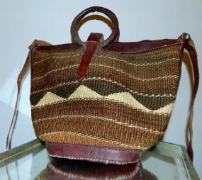 vintage 1970s woven seagrass bag / Kilim weave basket / oversized leather tote shoulder purse