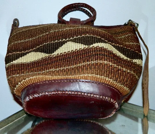 vintage 1970s woven seagrass bag / Kilim weave basket / oversized leather tote shoulder purse