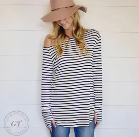 Off Shoulder Thumbhole Black White Top