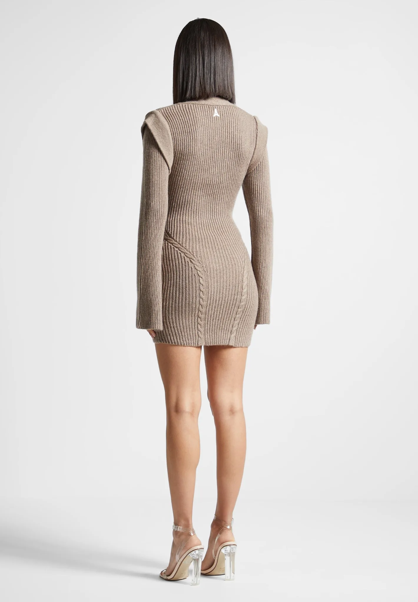 Wide Shoulder Knitted Contour Mini Dress - Taupe