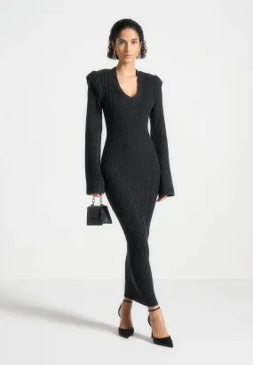 Wide Shoulder Knitted Midaxi Dress - Black