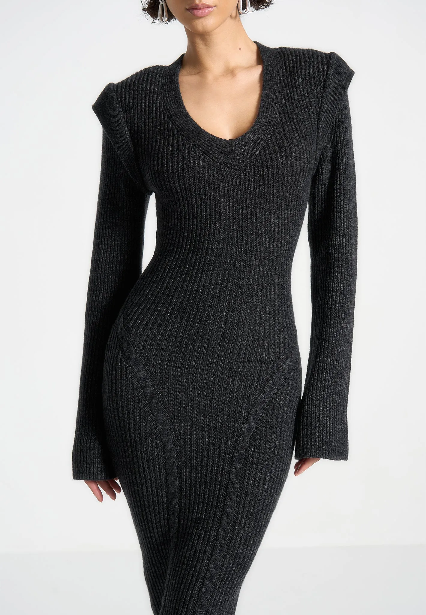 Wide Shoulder Knitted Midaxi Dress - Black