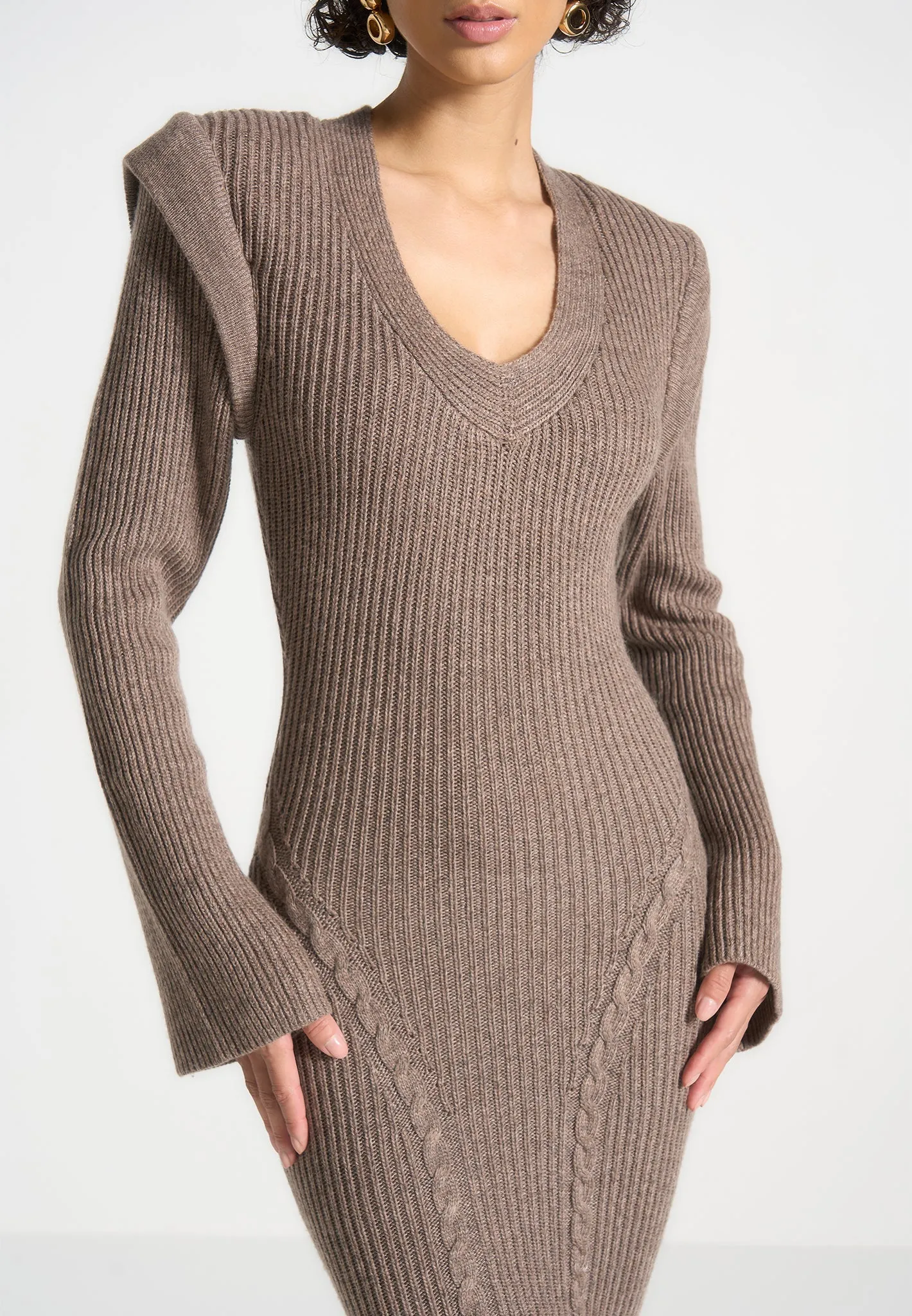 Wide Shoulder Knitted Midaxi Dress - Taupe