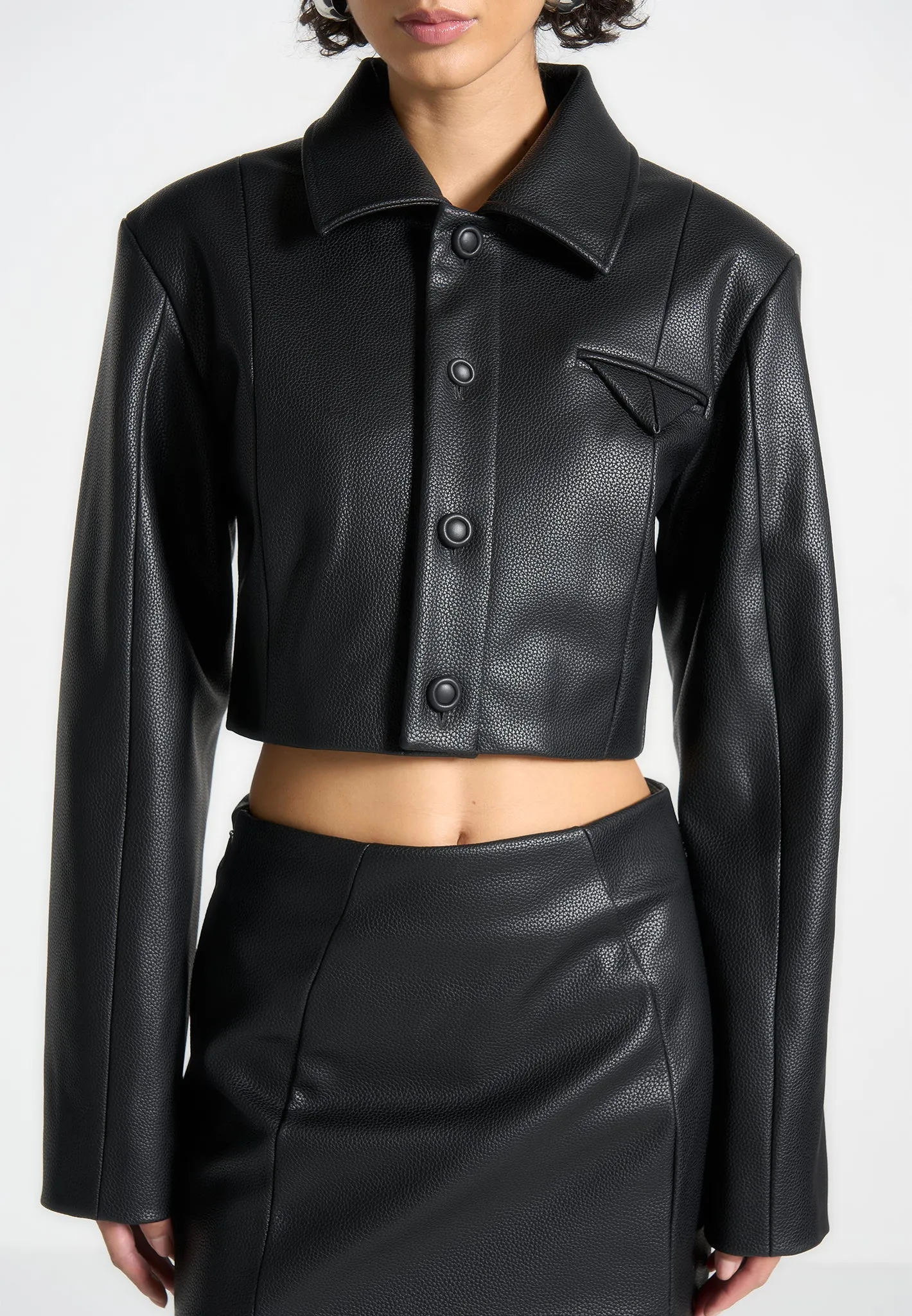 Wide Shoulder Pebbled Leather Jacket - Black