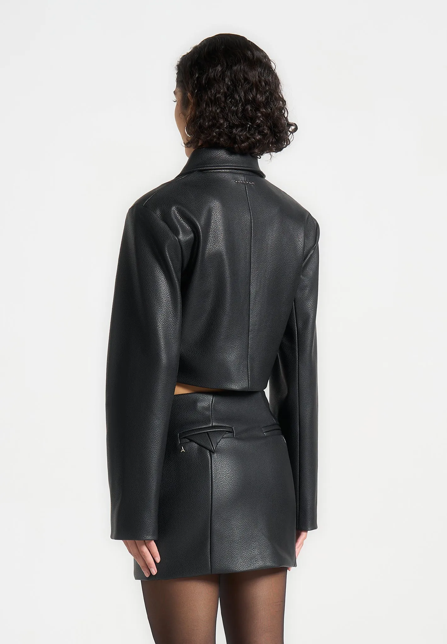 Wide Shoulder Pebbled Leather Jacket - Black