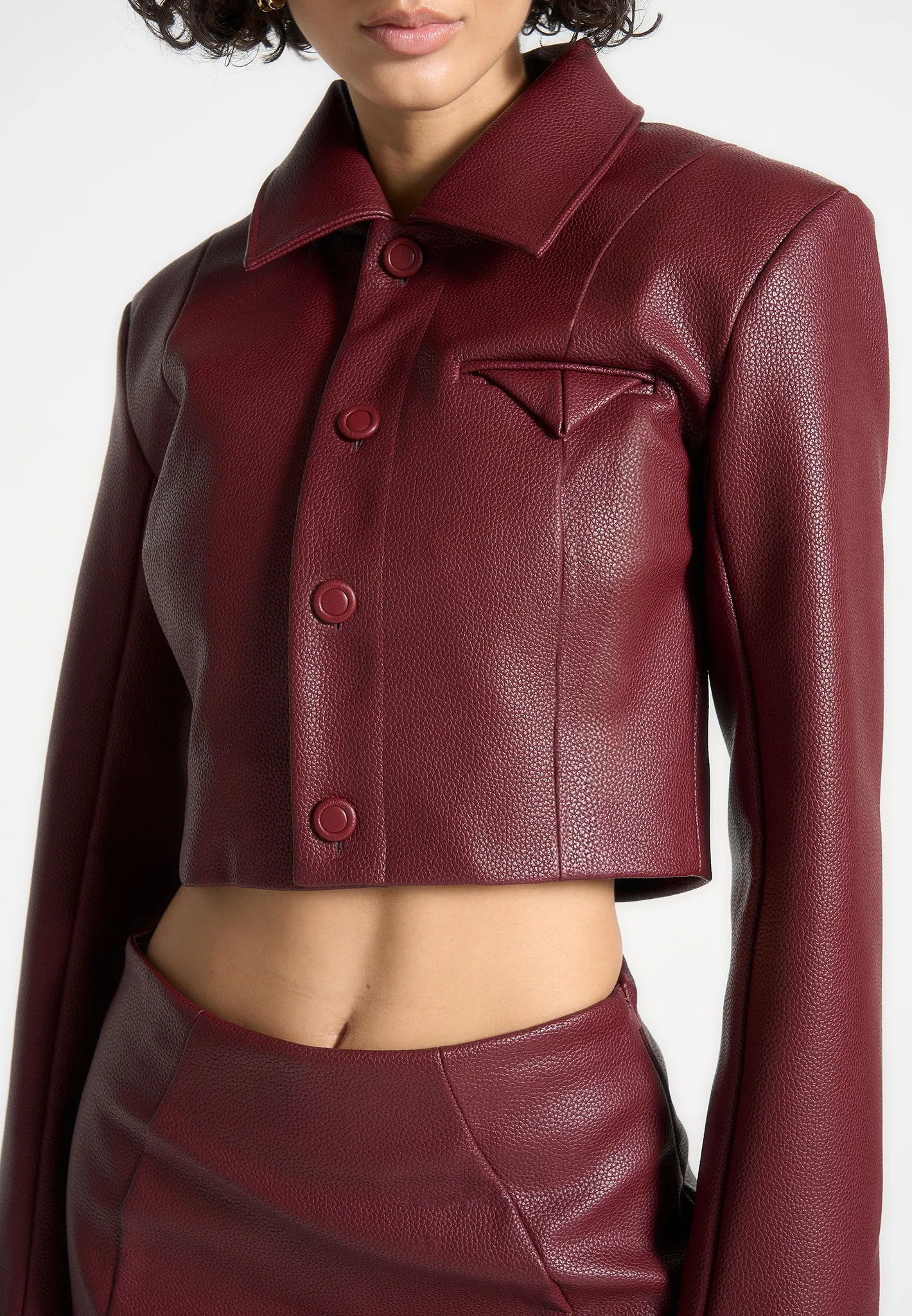 Wide Shoulder Pebbled Leather Jacket - Wine Red