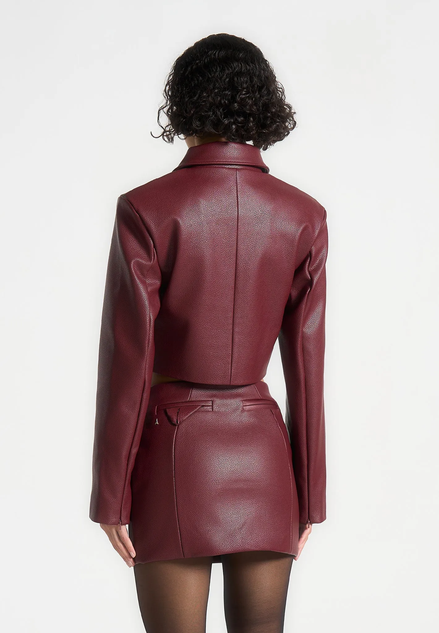 Wide Shoulder Pebbled Leather Jacket - Wine Red