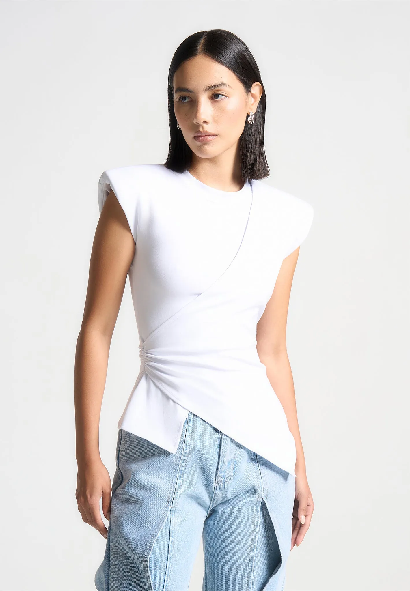 Wide Shoulder Ruched Waist Top - White