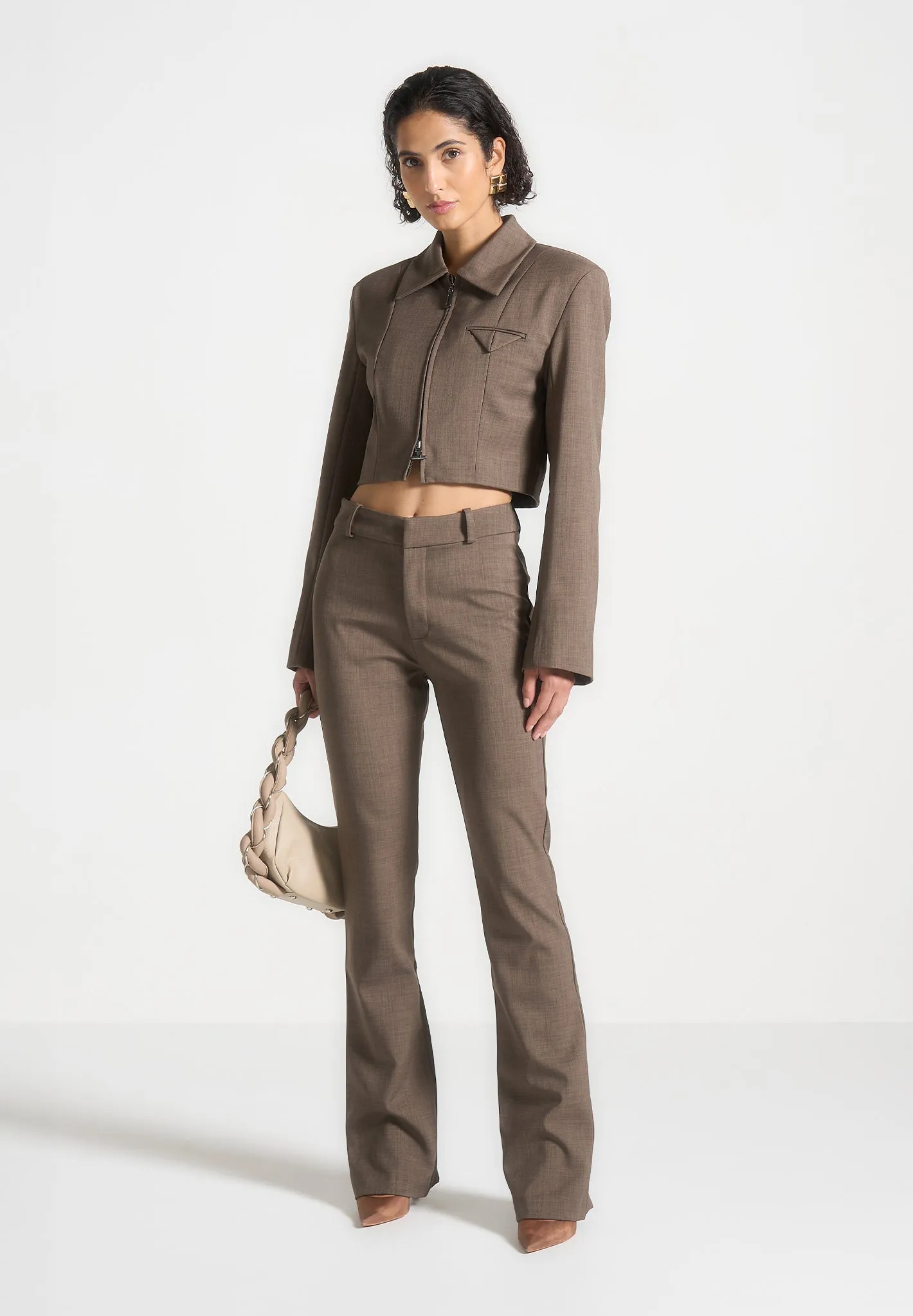 Wide Shoulder Tailored Jacket - Dark Taupe