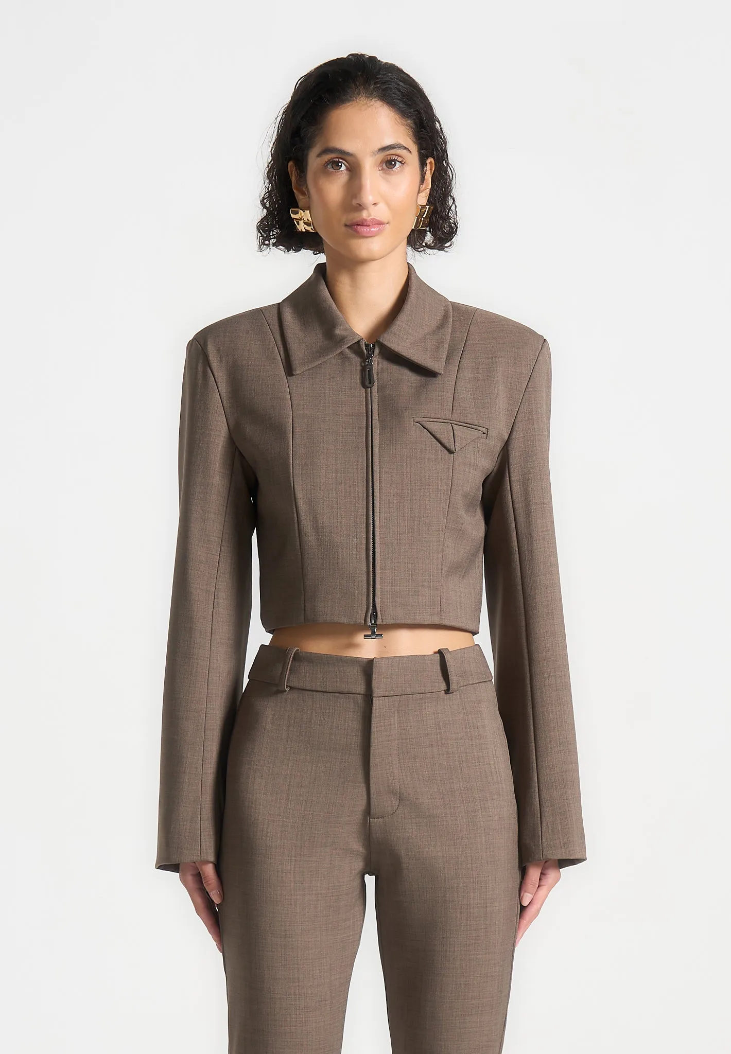 Wide Shoulder Tailored Jacket - Dark Taupe