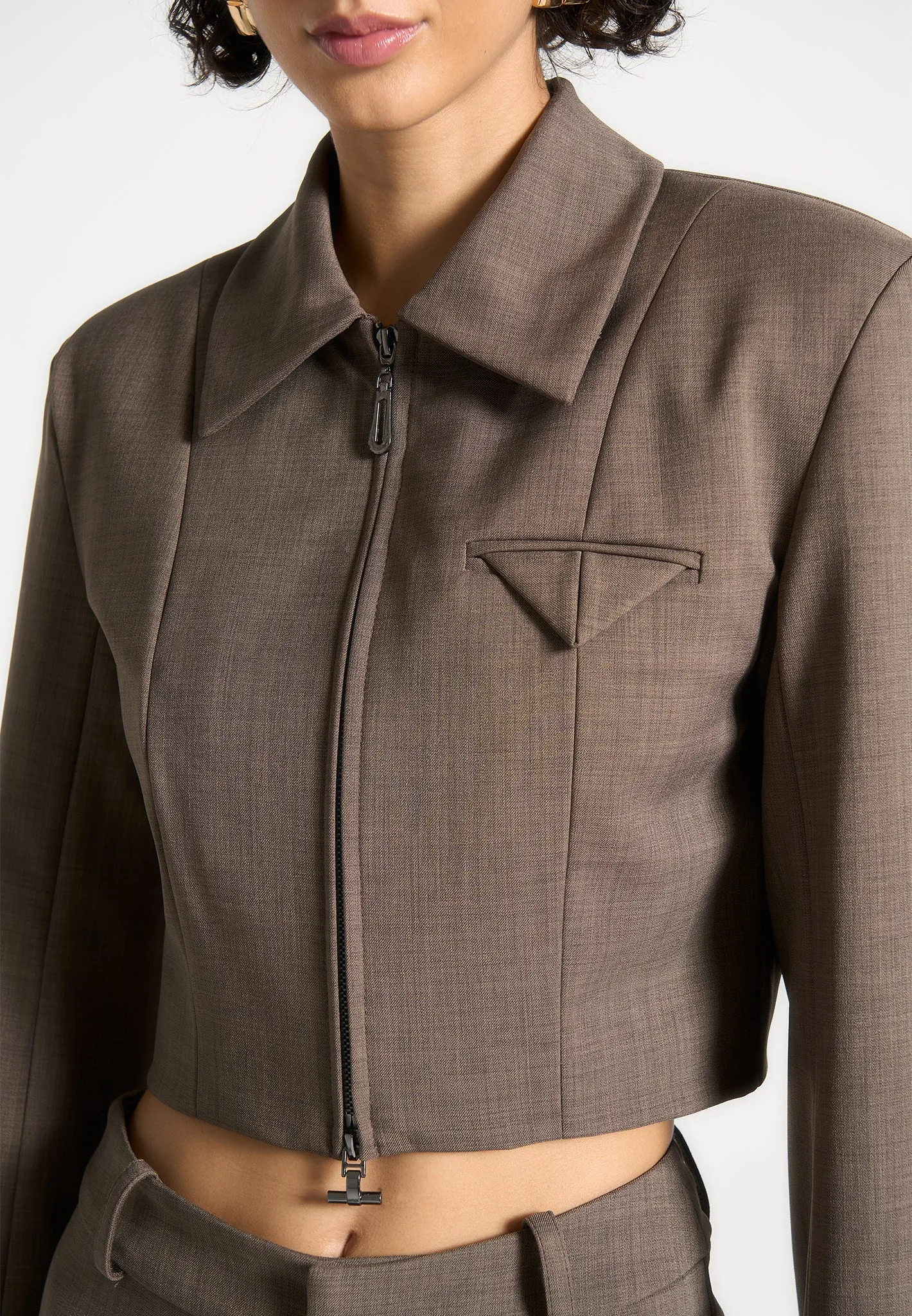 Wide Shoulder Tailored Jacket - Dark Taupe