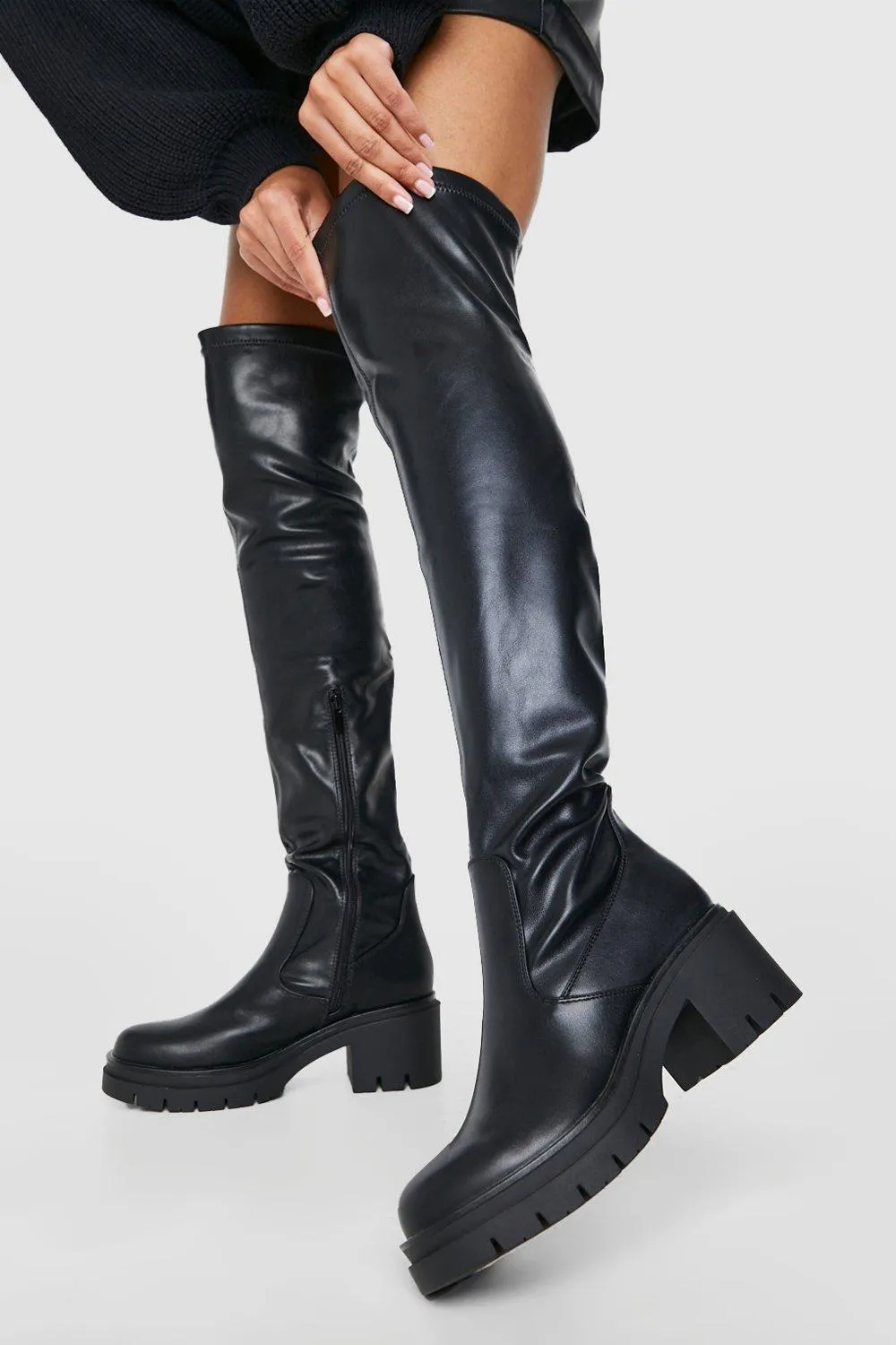 Wide Width Lug Over The Knee Pu Boots