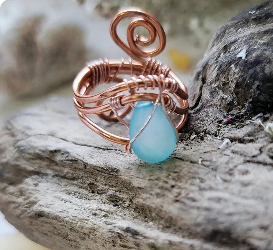 Wire Wrapped Island Girl Art Ring - Chalcedony Teardrop