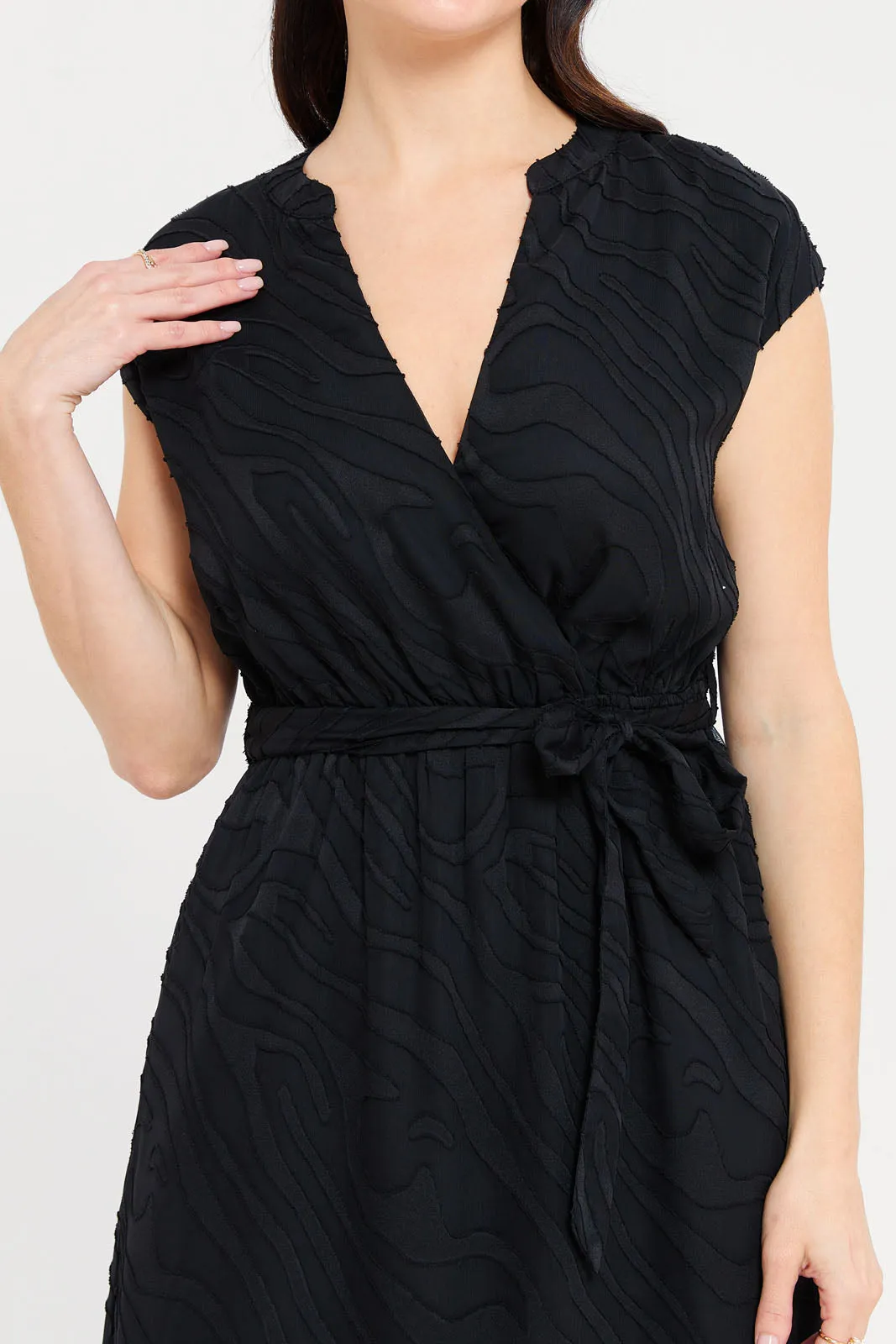 Women Black Jacquard V-Neck Dress