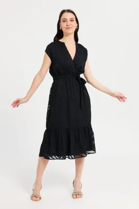 Women Black Jacquard V-Neck Dress