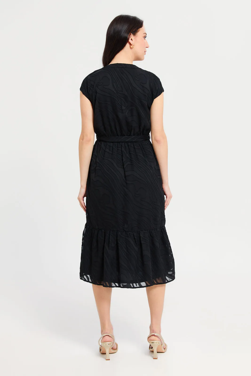 Women Black Jacquard V-Neck Dress