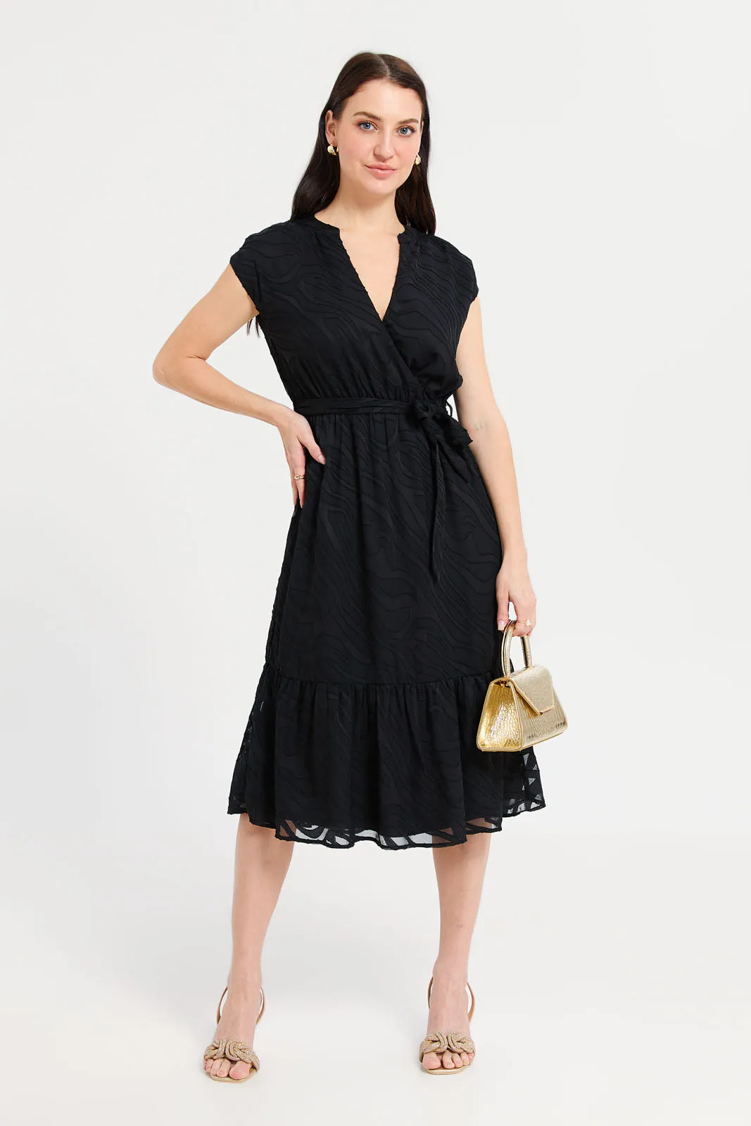 Women Black Jacquard V-Neck Dress